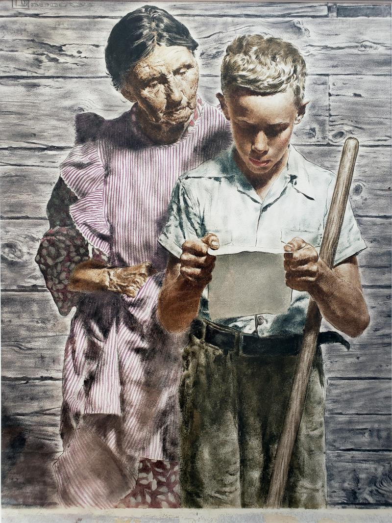  Spencer Douglass Crockwell Grand Mother and Grand Son Read Emotional Letter Norman Rockwell style