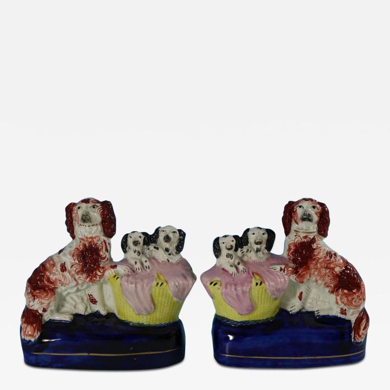 Staffordshire Pair Staffordshire Spaniel and Pups in Wash Baskets