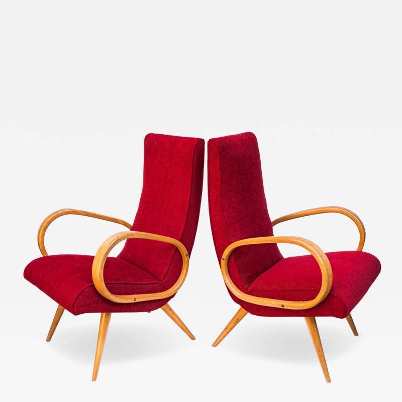  Stella Durera Pair of French 1950s Red upholstered armchairs by Stella Durera