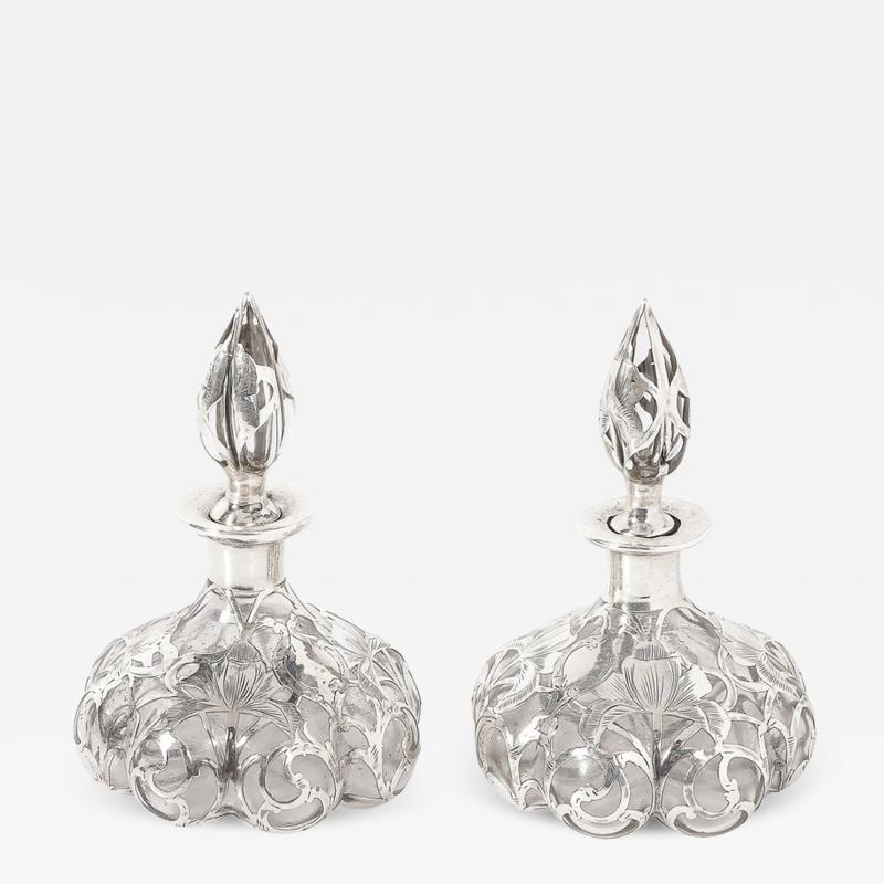  Steuben Glass Pair of Art Nouveau Fine Sterling Overlay Perfume Bottles signed Steuben