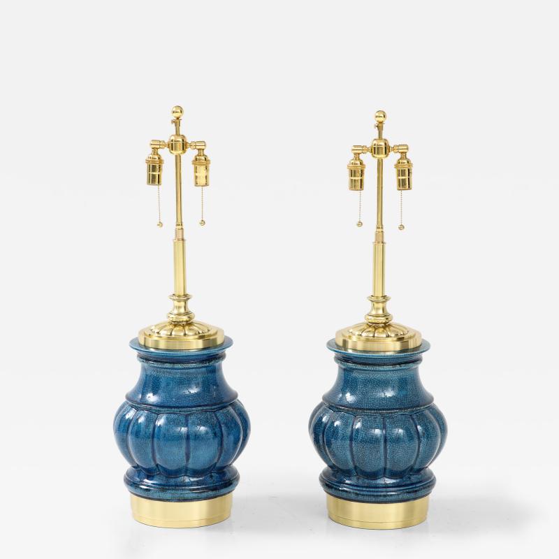  Stiffel Lamp Company Pair of Ceramic Lamps with a Blue Crackle Glaze 