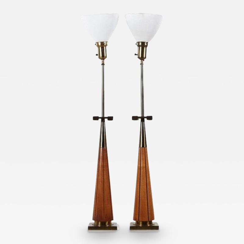  Stiffel Lamp Company Stiffel Mid Century Walnut and Brass Lamps Pair