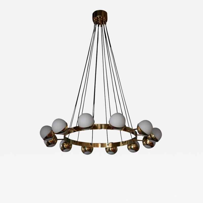  Stilnovo 1 of 2 Huge Stilnovo Style Brass and Murano Glass Chandelier