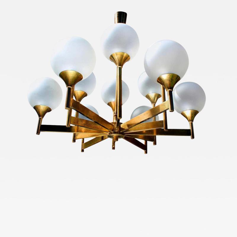  Stilnovo 12 Glass Globes Brass Chandelier 1960s 1970s