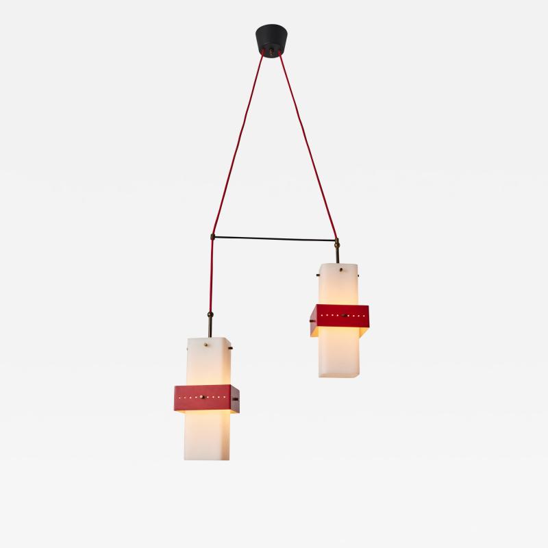  Stilnovo 1950s Stilnovo Red Metal Opaline Glass Suspension Lamp