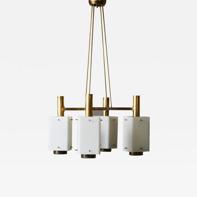  Stilnovo Brass Square Stilnovo Chandelier with Opaline Glass Sconce