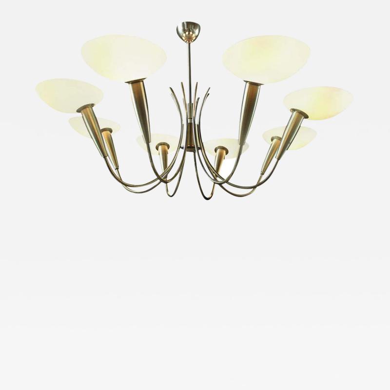  Stilnovo Elegant Brass and Art Glass Chandelier Italy 1950s