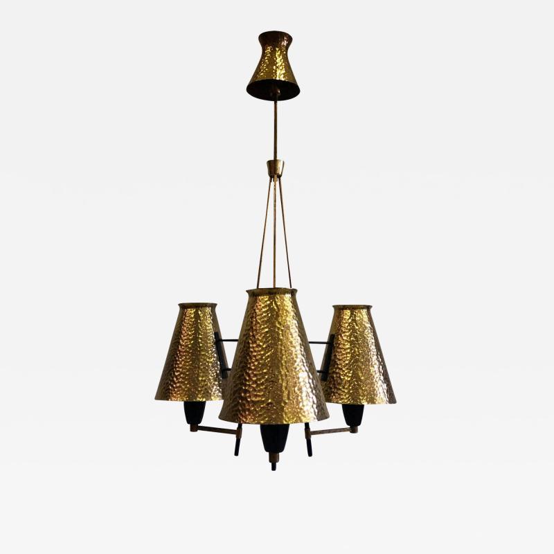  Stilnovo Italian Midcentury Enamel Metal Hammered Brass Chandelier Attrib to Stilnovo