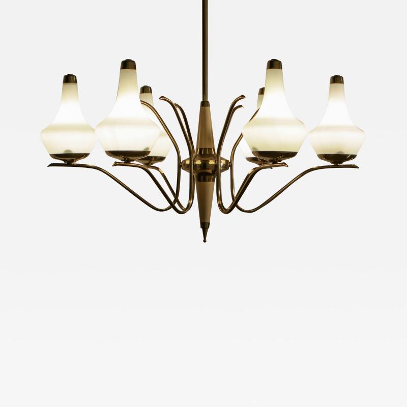  Stilnovo Italian Midcentury Six Lights Gold and Ivory Chandelier Attributed to Stilnovo