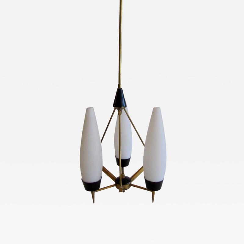  Stilnovo Italian Modern Brass Glass and Enameled 3 Light Chandelier Stilnovo
