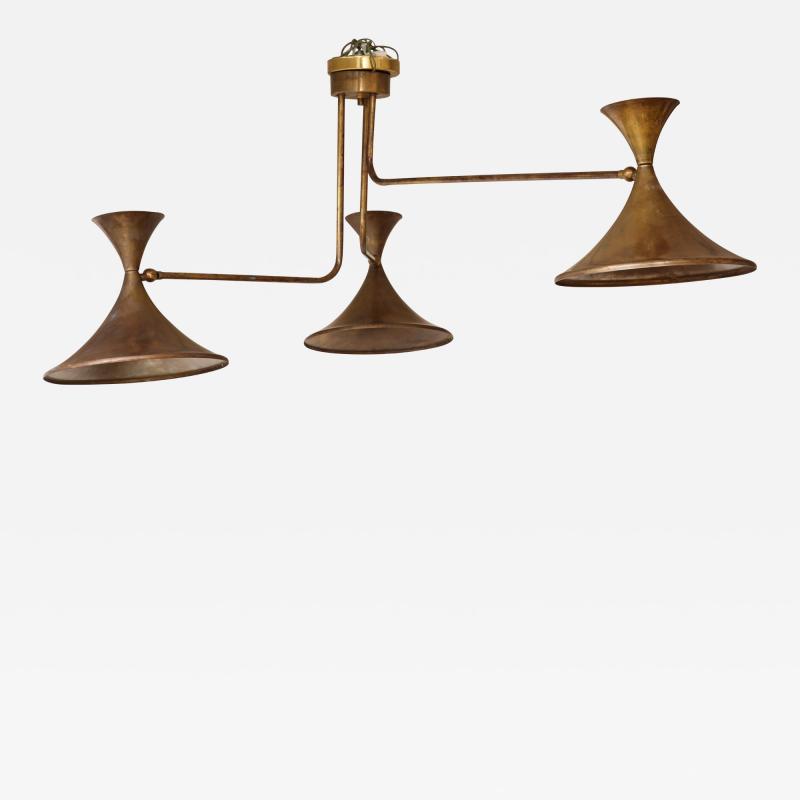 Stilnovo Large 1970s Patinated brass 3 Arm Italian Chandelier In the Style Of Stilnovo