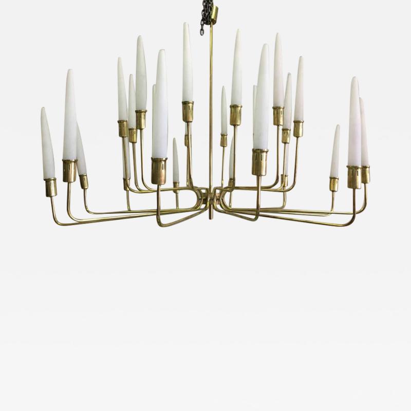  Stilnovo Large Italian Modern Neoclassic 2 Tier Brass Satin Glass Chandelier Stilnovo