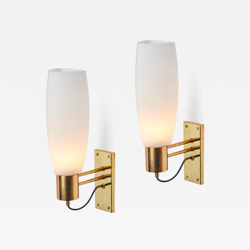  Stilnovo Large Pair of 1950s Stilnovo Opaline Brass and Glass Sconces