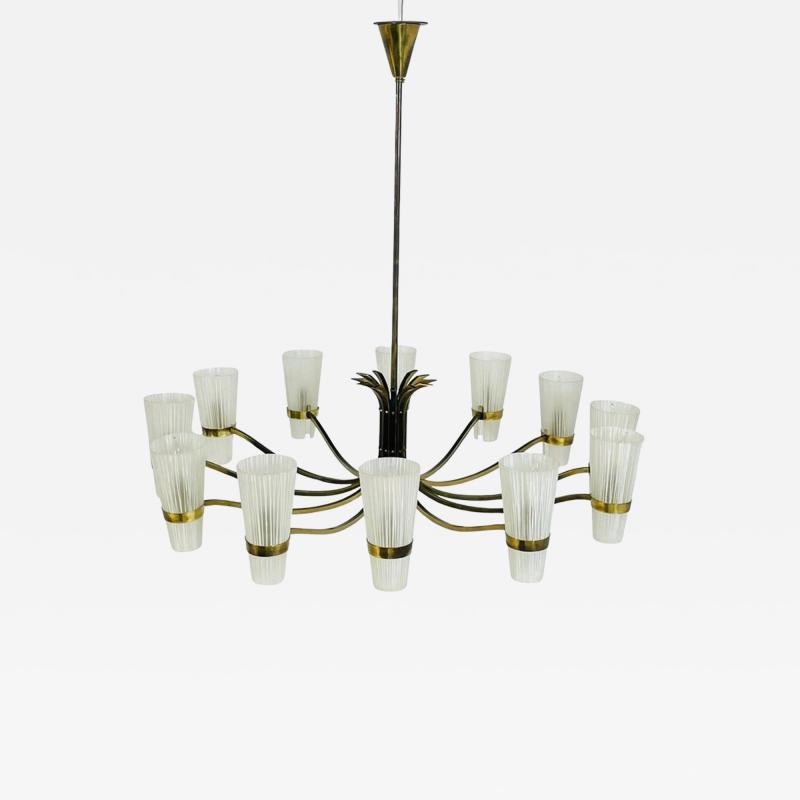  Stilnovo Mid Century Italian 12 Arm Chandelier by Stilnovo in Brass and Murano Glass