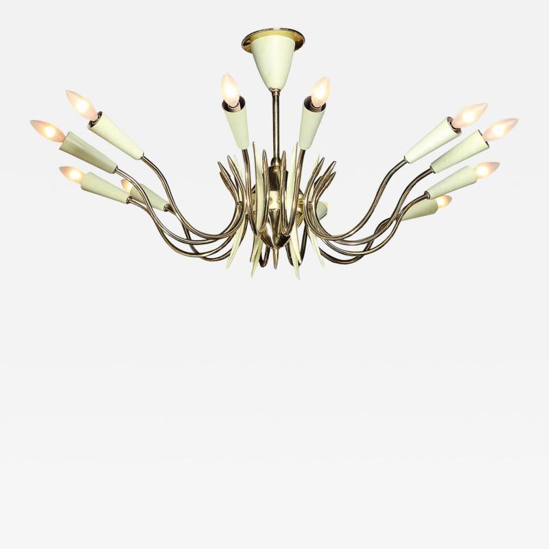  Stilnovo Mid Century Polished Brass Green Enamel 12 Light Chandelier by Stilnovo