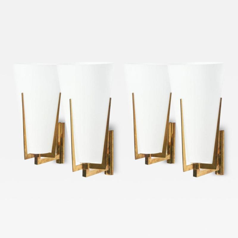  Stilnovo Pair Stilnovo Brass and Frosted Glass Wall Lights Sconce Italy
