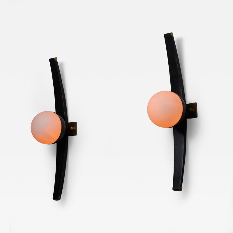  Stilnovo Pair of 1950s Italian Stilnovo Sconces in Brass Black Lacquered Wood and steel