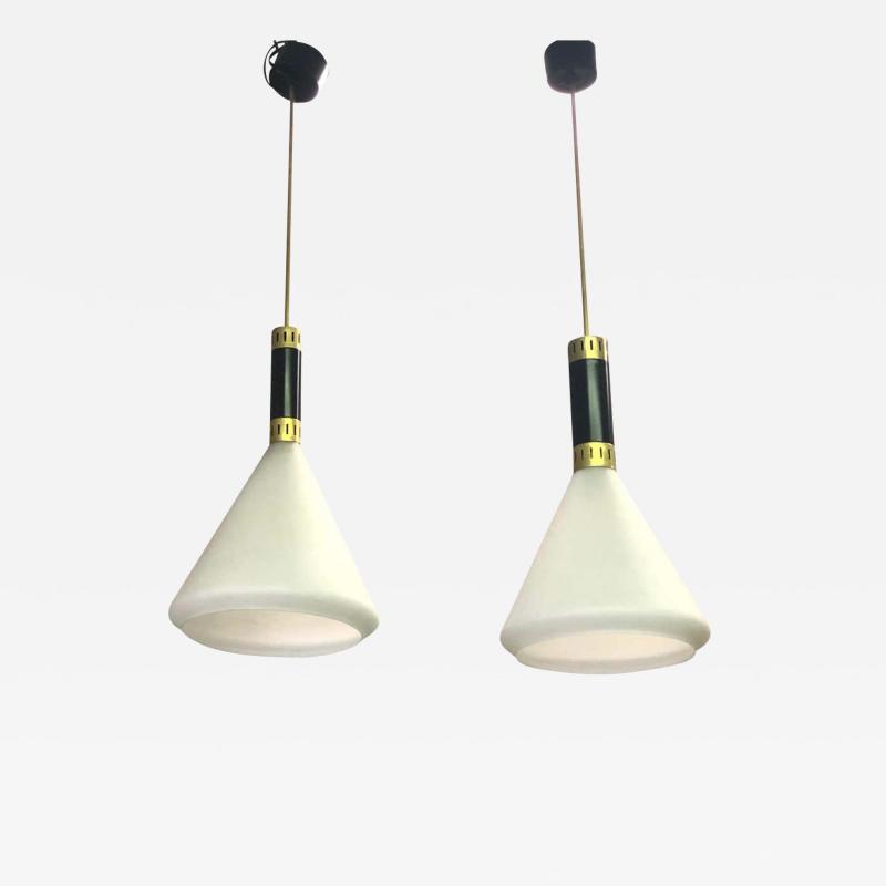  Stilnovo Pair of Mid Century Modern Milk Glass Pendant attributed to Stilnovo circa 1958