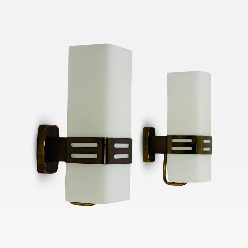  Stilnovo Pair of Opaline Glass Brass Wall Sconces by Stilnovo Signed Italy 1960s