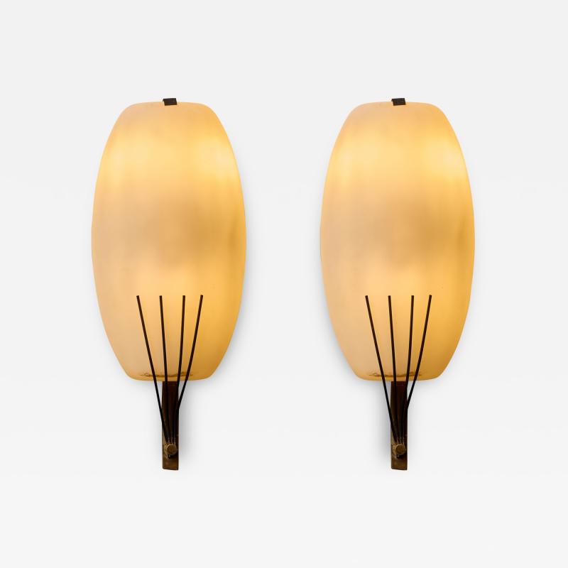  Stilnovo Pair of Stilnovo Opaline Glass and Brass Wall Sconces