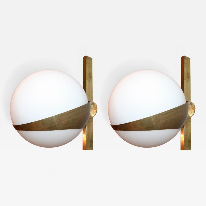  Stilnovo Pair of Stilnovo Style Brass Sconces with White Glass Balls