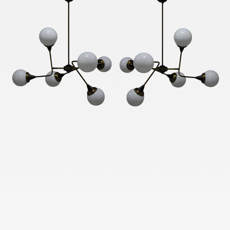  Stilnovo Pair of Stilnovo Style Chandeliers in Brass and Glass 1960s