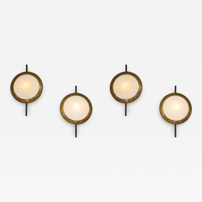  Stilnovo Rare Set of Four Sconces in Brass and Opaque Glass by Stilnovo