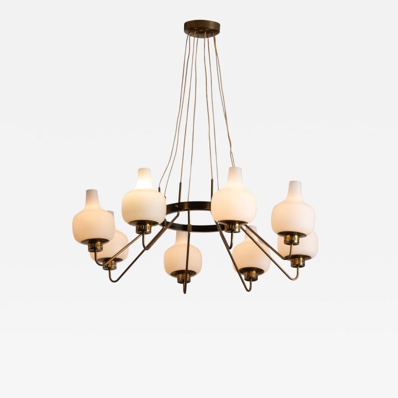  Stilnovo Stilnovo Eight Light Brass and Opaline Glass Chandelier Italy 1950s