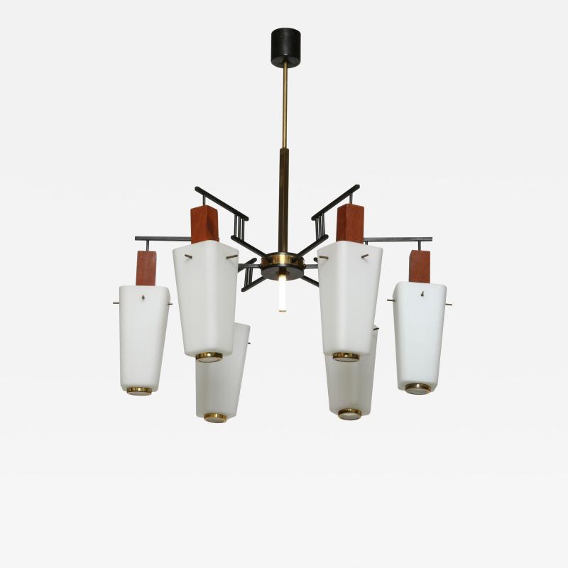  Stilnovo Stilnovo style chandelier Italy opaline glass and brass circa 1960s