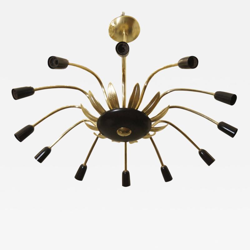  Stilnovo Twelve Arm Stilnovo Style Chandelier in Black Gold and Brass