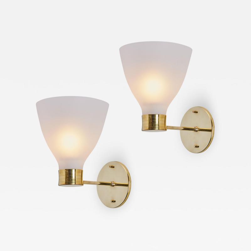  Stockmann Orno Pair of 1950s Lisa Johansson Pape Opaline Glass Brass Wall Lamps
