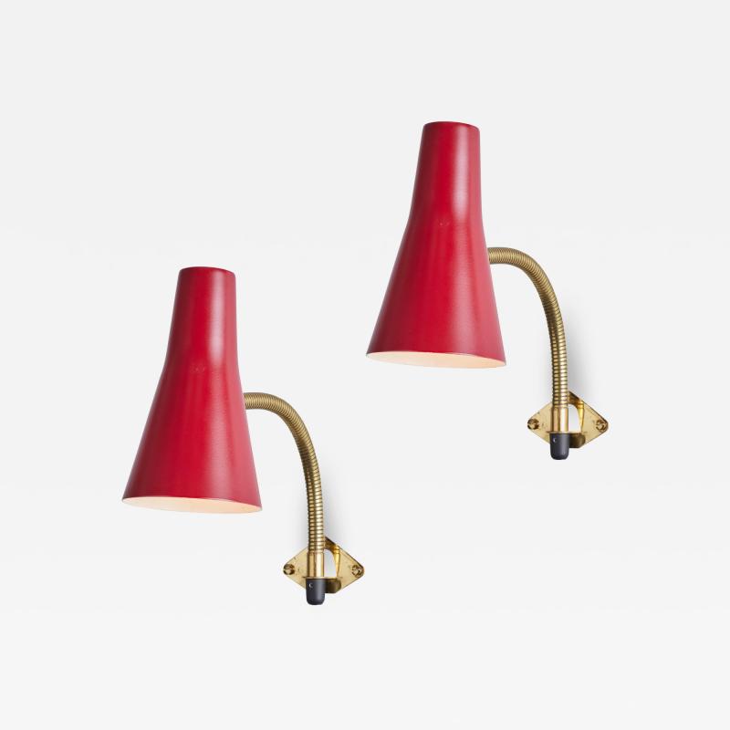  Stockmann Orno Pair of 1950s Lisa Johansson Pape Red Adjustable Wall Lights for Stockmann Orno