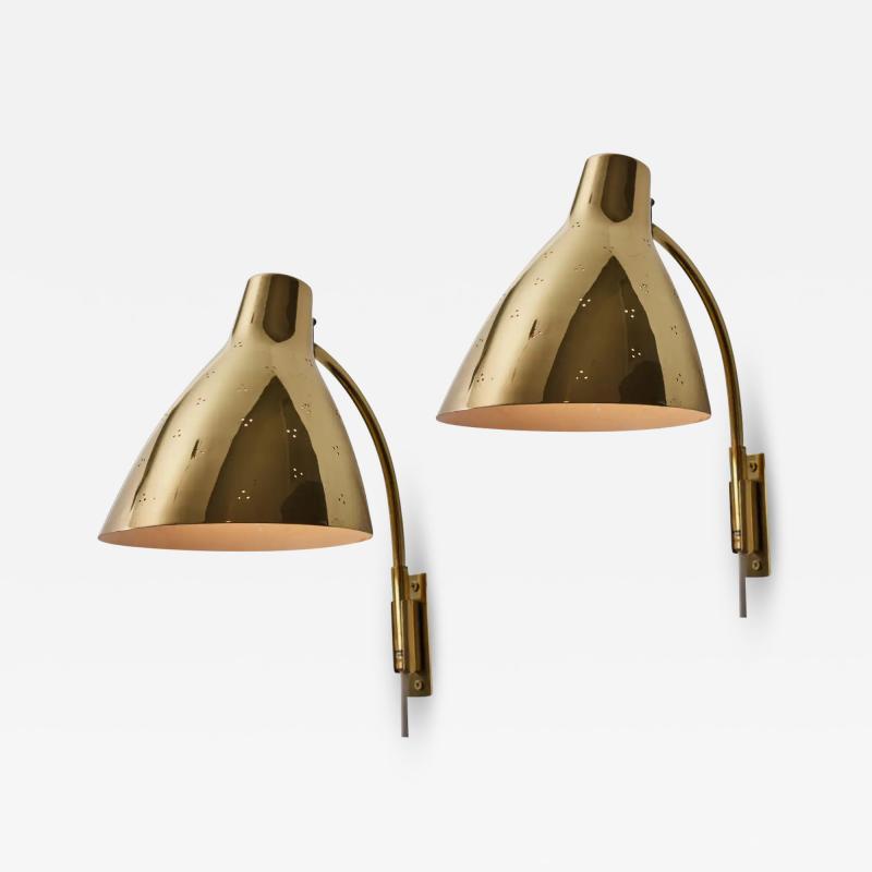  Stockmann Orno Pair of Large 1950s Lisa Johansson Pape 3055 Brass Wall Lamps for Stockmann