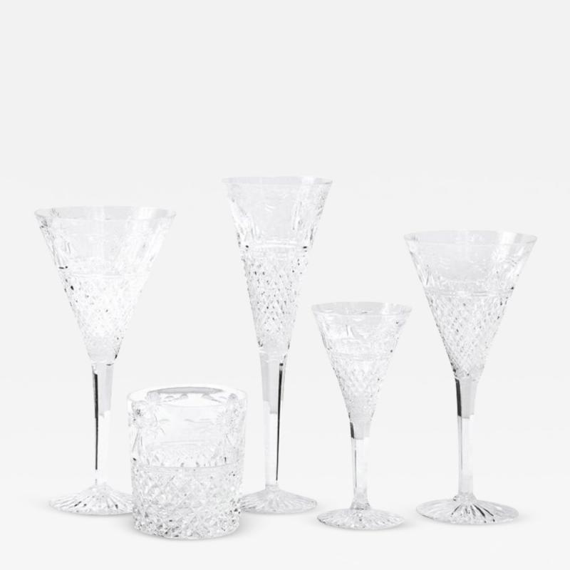  Stuart Glass Company Set of 60 Modernist Etched Crystal Glasses by Stuart with Neoclassical Detailing