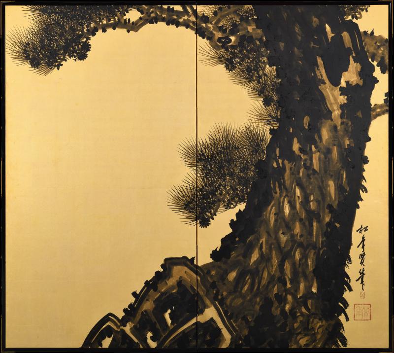  Suzuki Shonen Two panel Japanese Screen Aged Pines by Suzuki Shonen Meiji period 