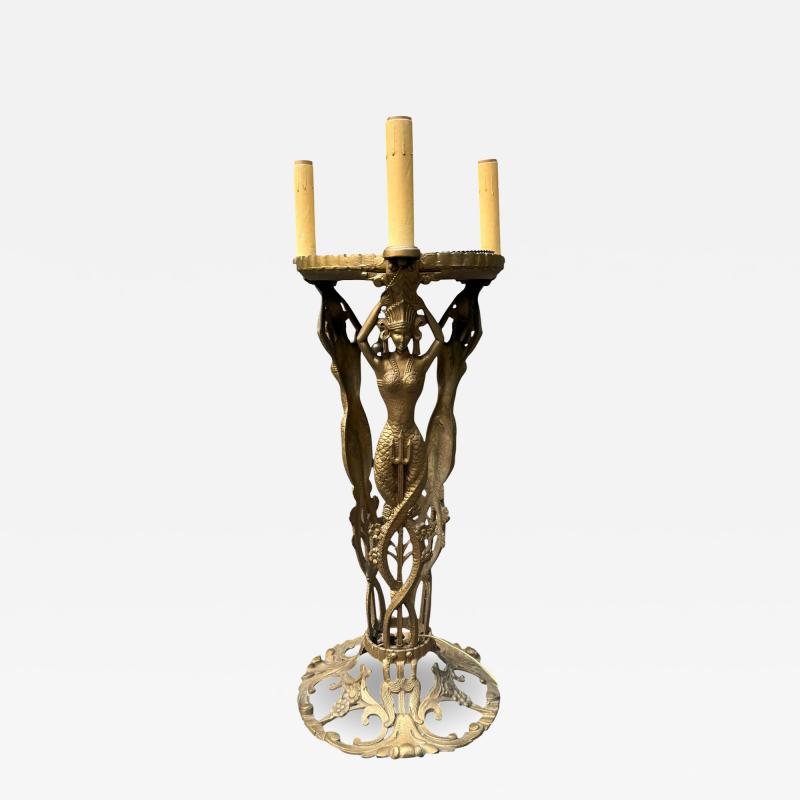  THE BOOTH COMPANY OF CHICAGO ART DECO 1920S GILT METAL HEADDRESSED MERMAIDS ILLUMINATED FISHBOWL STAND