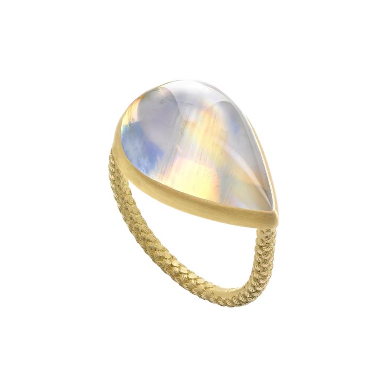  Talkative Rainbow Moonstone Pear Cabochon 22K Gold One of a Kind Ring Talkative 2024