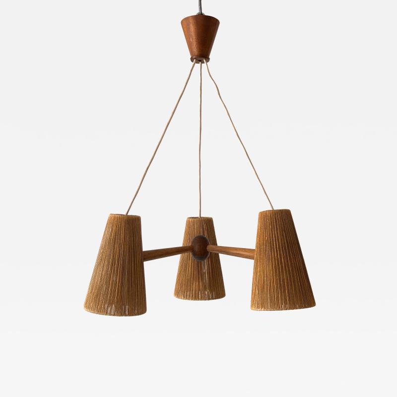  Temde Leuchten Mid Century Sisal Teak Pendant Lamp or Chandelier by Temde Switzerland 1960s