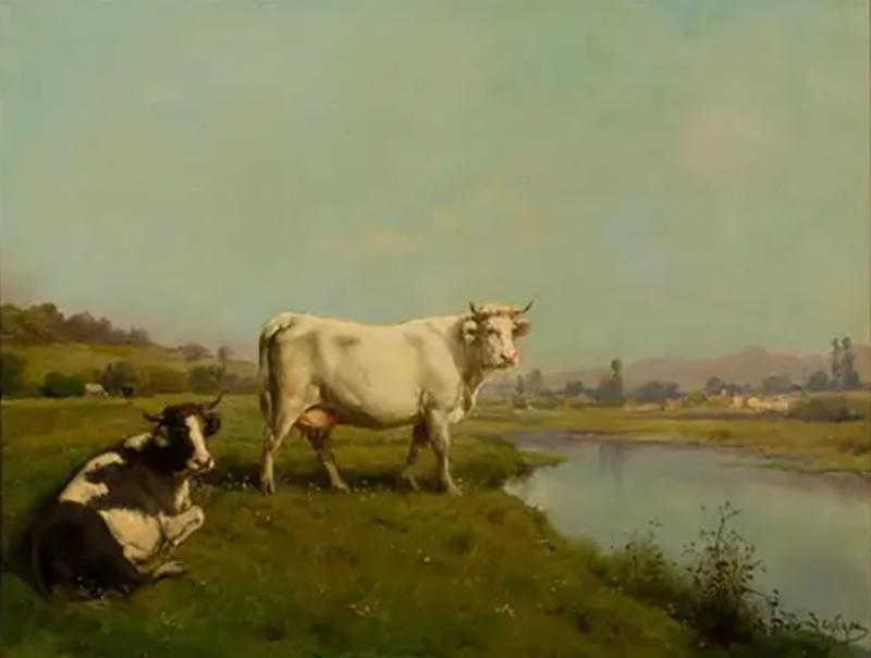  Th odore Levigne French Realist Oil on Canvas Cow Painting Signed by Th odore Levigne circa 1880