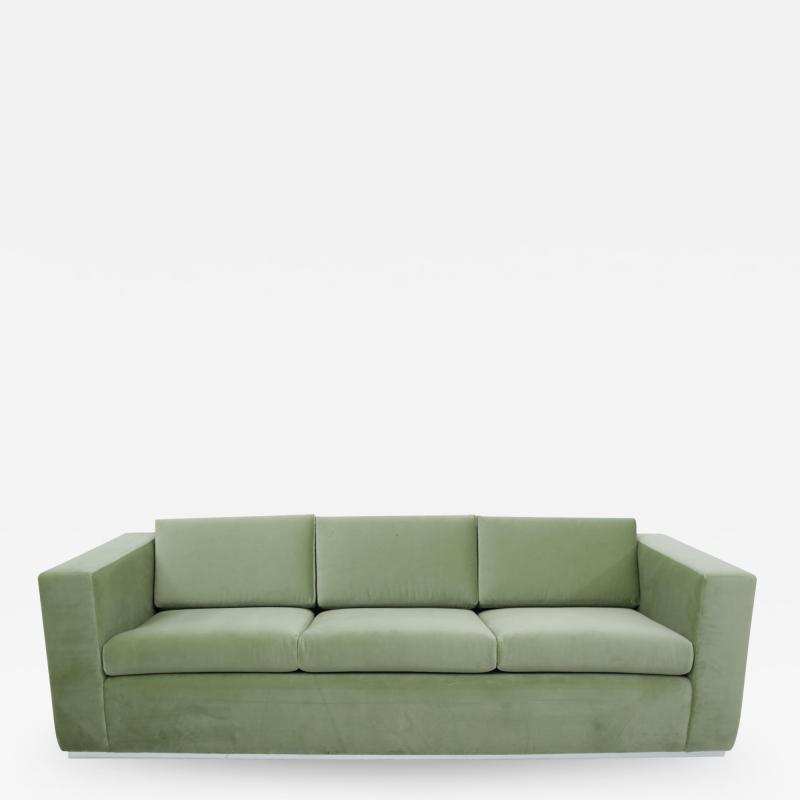  Thayer Coggin Milo Baughman Green Velvet Sofa on Chrome Base 1970