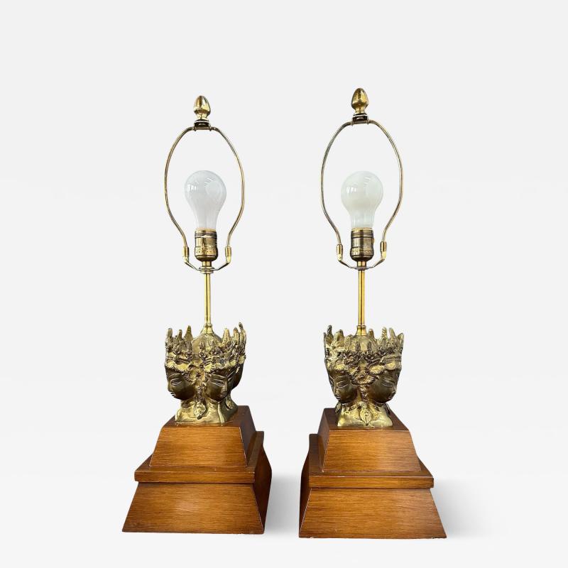  The Marbro Lamp Company Pair of Marbro Asian influenced Brass and Mahogany Table Lamps