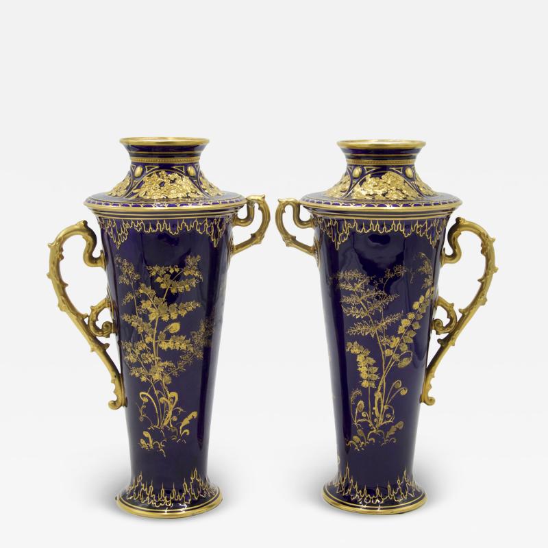  The Royal Crown Derby Porcelain Co Pair of English Victorian Cobalt Blue Porcelain Vases