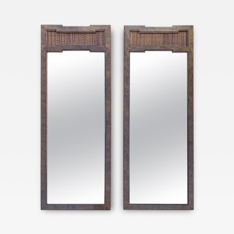  Thomasville Furniture Handsome Pair Thomasville Burl Wood Cane Tall Mirrors Mid century Modern