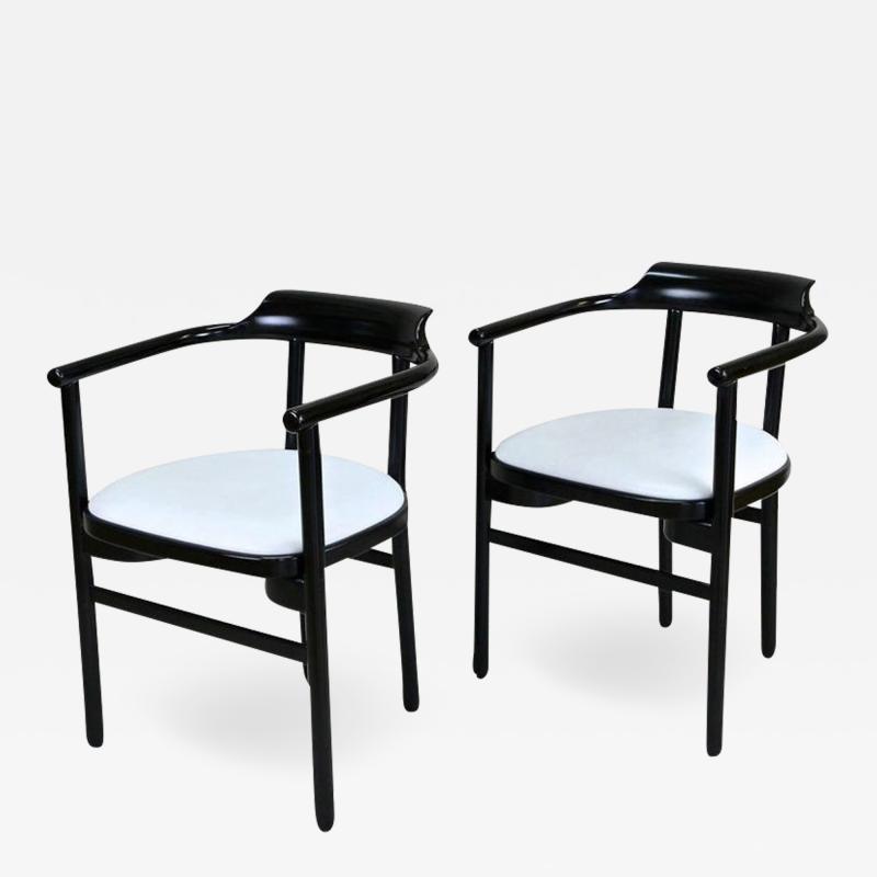 Thonet Pair Of Black Armchairs With White Leather Upholstery by Thonet AT ca 1980