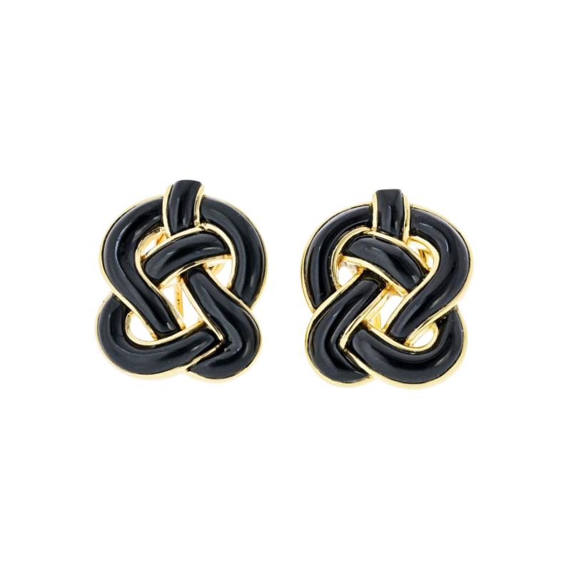  Tiffany Co Angela Cummings 18K Yellow Gold Black Onyx Knot Clip Earrings