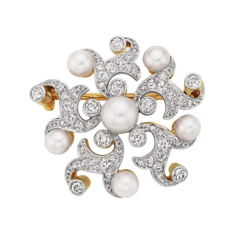  Tiffany Co Antique Tiffany Co Natural Pearl and Diamond Brooch