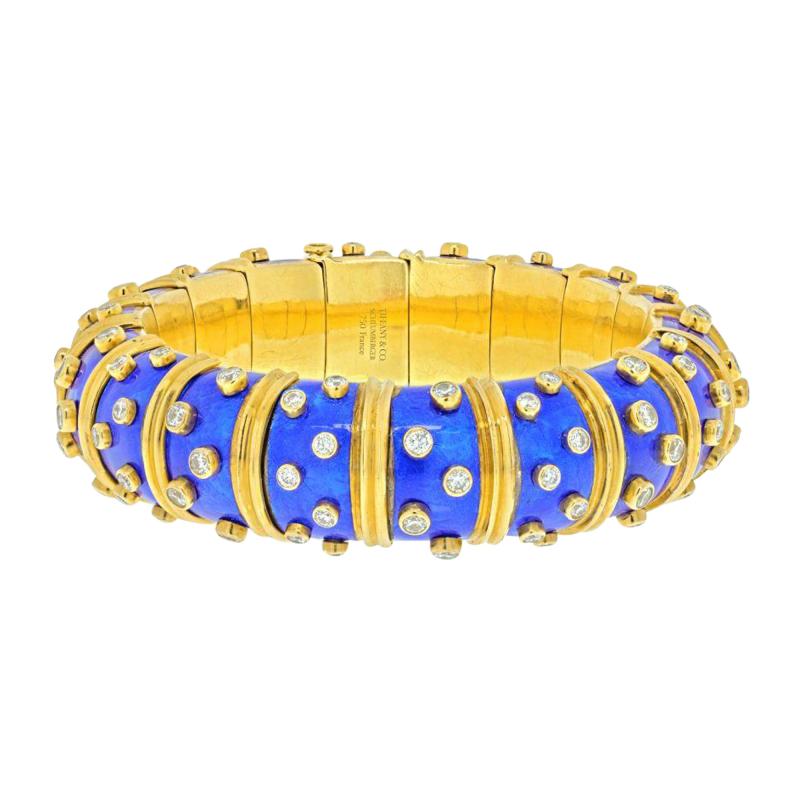  Tiffany Co PLATINUM 18K YELLOW GOLD SCHLUMBERGER BLUE ENAMEL DIAMOND BRACELET