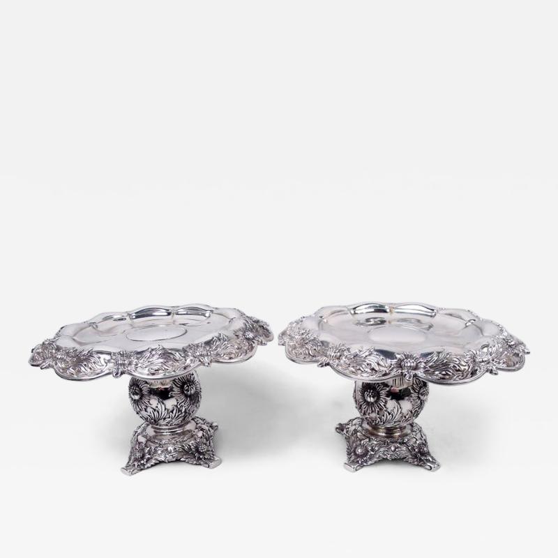  Tiffany Co Pair of Antique Tiffany Chrysanthemum Sterling Silver Compotes
