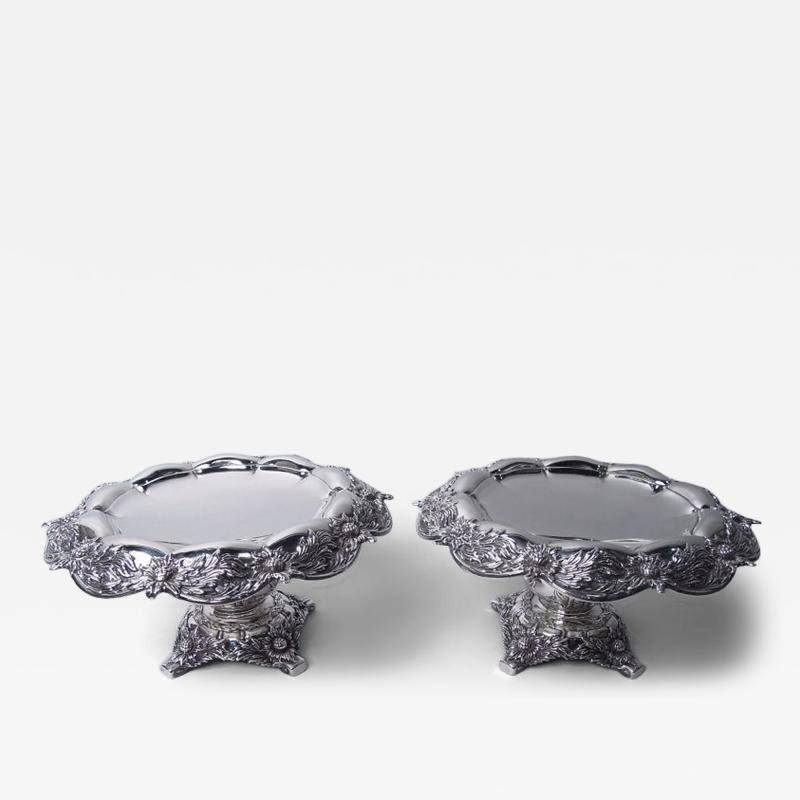  Tiffany Co Pair of Antique Tiffany Chrysanthemum Sterling Silver Compotes