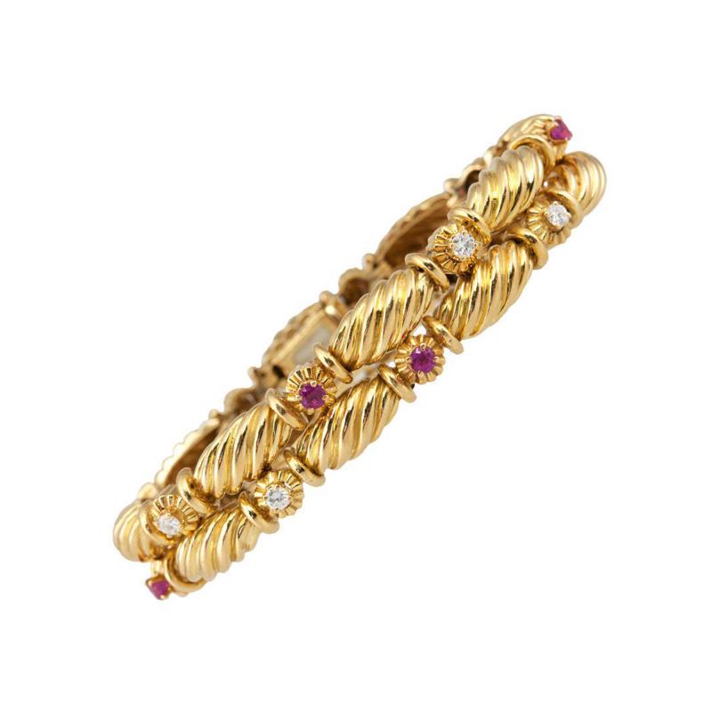  Tiffany Co TIFFANY AND CO 18K YELLOW GOLD RUBY AND DIAMOND DOUBLE ROW BRACELET CIRCA 1990S